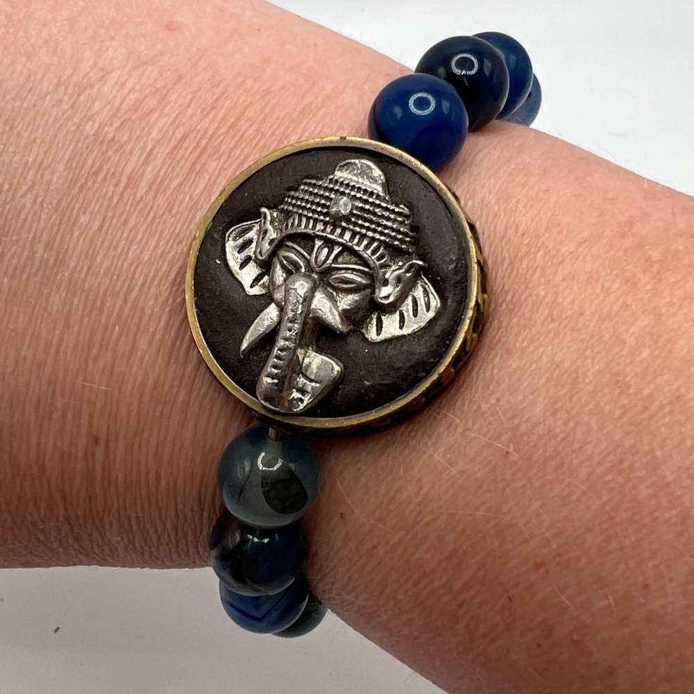 Boho Spiritual Ganesh Blue Agate Beaded Stretch Bracelet 7" Yoga Meditation